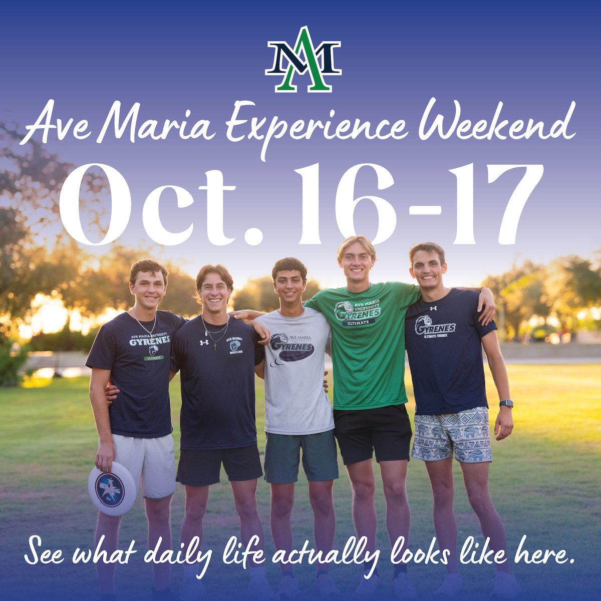 avemariauniv's tweet photo. Ave Maria Experience Weekend, Oct. 16-17. Stay overnight on campus, sit in on classes, meet professors and current students, and take part in lawn games and a student panel. Come live it, not just tour it. Sign up: https://t.co/ngLo9TfVMZ
#FutureGyrenes https://t.co/FzNQCHkfvQ