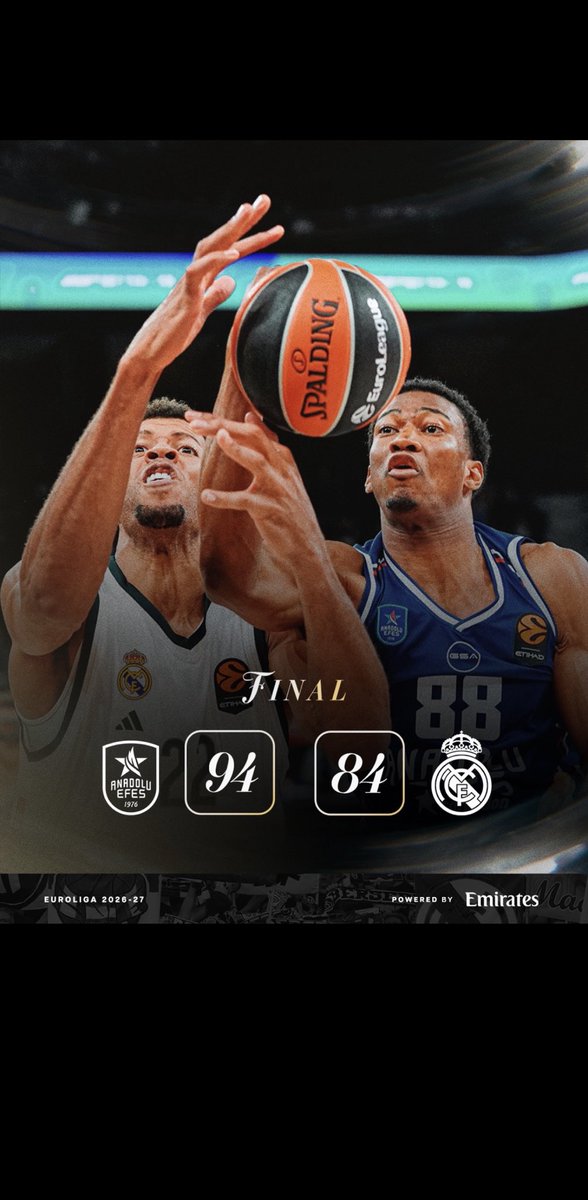 AmigosRM_Marace's tweet photo. Resultado Euroliga:

Anadolu Efes 94-84 Real Madrid 

Laso priva al Madrid de su primera victoria en la Euroliga.

El Madrid de Pedro Martínez no arranca en Europa.

Hala Madrid https://t.co/xg4rM54NSD