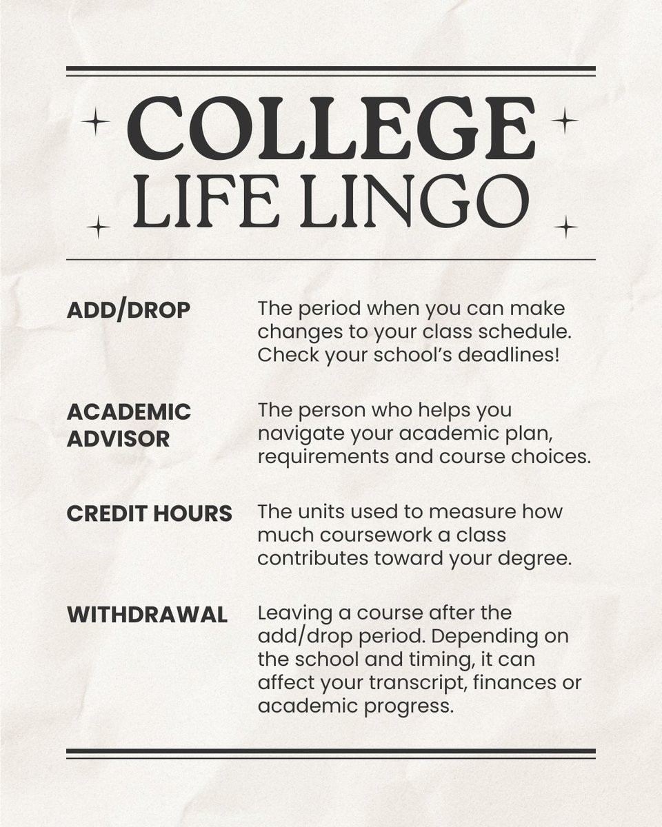 CPCRI's tweet photo. POV: Your professor says “check with the registrar” on the first day and you’re just sitting there like… 🫪

Save this mini dictionary for when college-speak starts flying around, and don’t be afraid to ask your professors, advisors or other campus staff what something means. https://t.co/COtkULCHyc