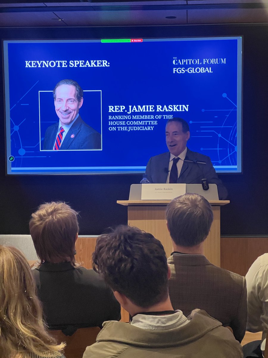 Capitol_Forum's tweet photo. Closing today’s conference in DC, Rep. Jamie Raskin (MD), ranking member of the House Judiciary Committee, sharply criticized the Trump administration’s approach to antitrust enforcement:

“They are making a mockery of our antitrust laws and turning antitrust enforcement into another opportunity for shakedowns and kickbacks.”

LIVE from Washington.