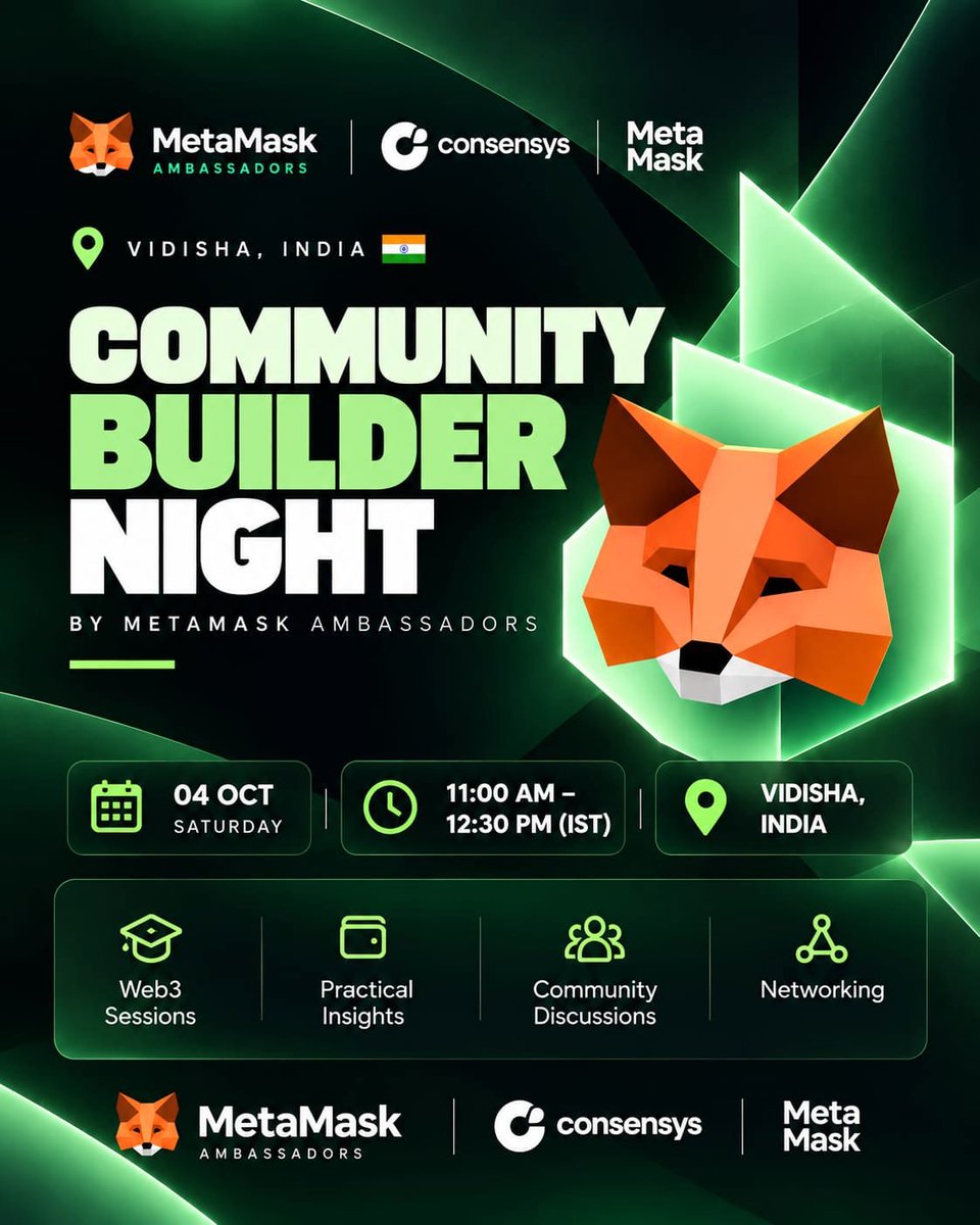 VidishaWeb3's tweet photo. MetaMask Community Builder Night — Vidisha Edition

ideas connect, and communities grow.

Web3 • Practical Insights • Community • Networking 🌐

📅 04 October
⏰ 11:00 AM – 12:30 PM IST
📍 Vidisha, Madhya Pradesh

Join us 
https://t.co/SOfUgQe4od

#MetaMask #Web3 #Blockchain https://t.co/tcYuqiT1T6