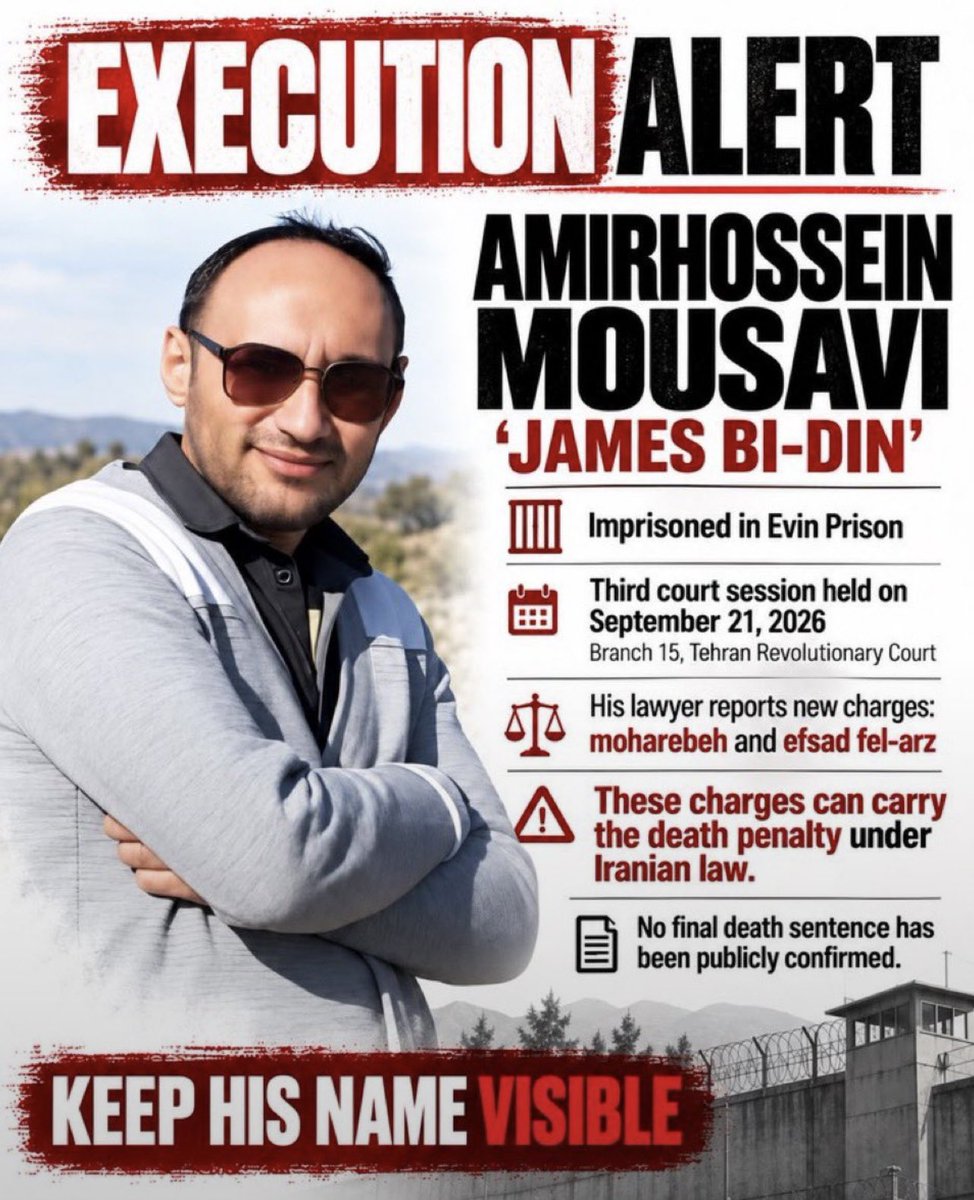 JahangiriAzar's tweet photo. 🚨 SAVE AMIRHOSSEIN MOUSAVI

Amirhossein Mousavi, known online as “James Bi-Din,” has been imprisoned since December 2024. His charges have reportedly been escalated to include crimes that can carry the death penalty.

No final death sentence has been reported yet—but the danger is real.

The world must speak up for Amirhossein Mousavi now.

@MariaStenergard @johanssonmorgan @weimers @HillelNeuer @MarkusWiechel @MartinDaubney @joshxhowie @natalie_Zion_

#EndTheIslamicRepublic #LastBreath