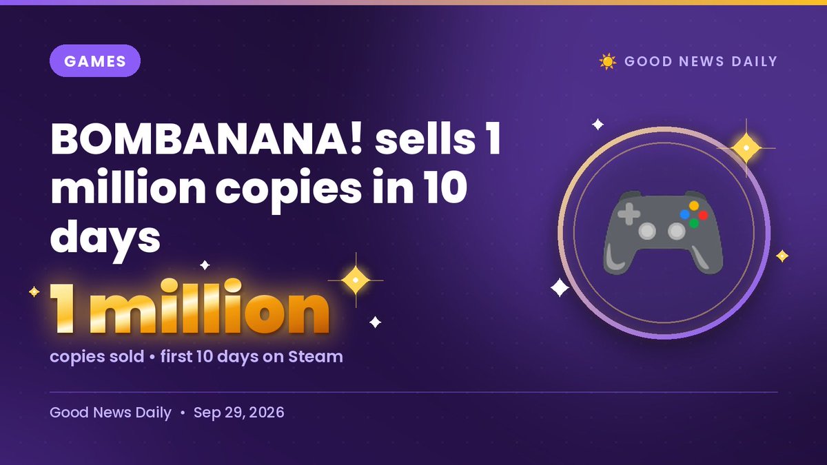 GoodNewsDailySW's tweet photo. 💭 I can’t pronounce it, but it looks like fun!

🎮 BOMBANANA! sold 1 million copies in 10 days

Goofy 3-monkey co-op on Steam. Blind, deaf, mute… still crushing bombs with friends. 

Who's queueing?

https://t.co/7cPgoWq5DB https://t.co/e2S4aPessZ