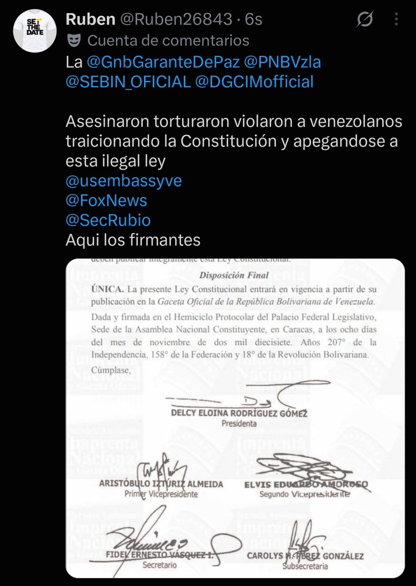 Ruben26843's tweet photo. @endsequera La @GnbGaranteDePaz asesino y torturo cientos de venezolanos con esa ley en la mano
Esa ley es un Crimen de Lesa Humanidad
#TerrorismoDeEstado
#Venezuela
#CrimesAgainsthumanity https://t.co/optkdKpFYw