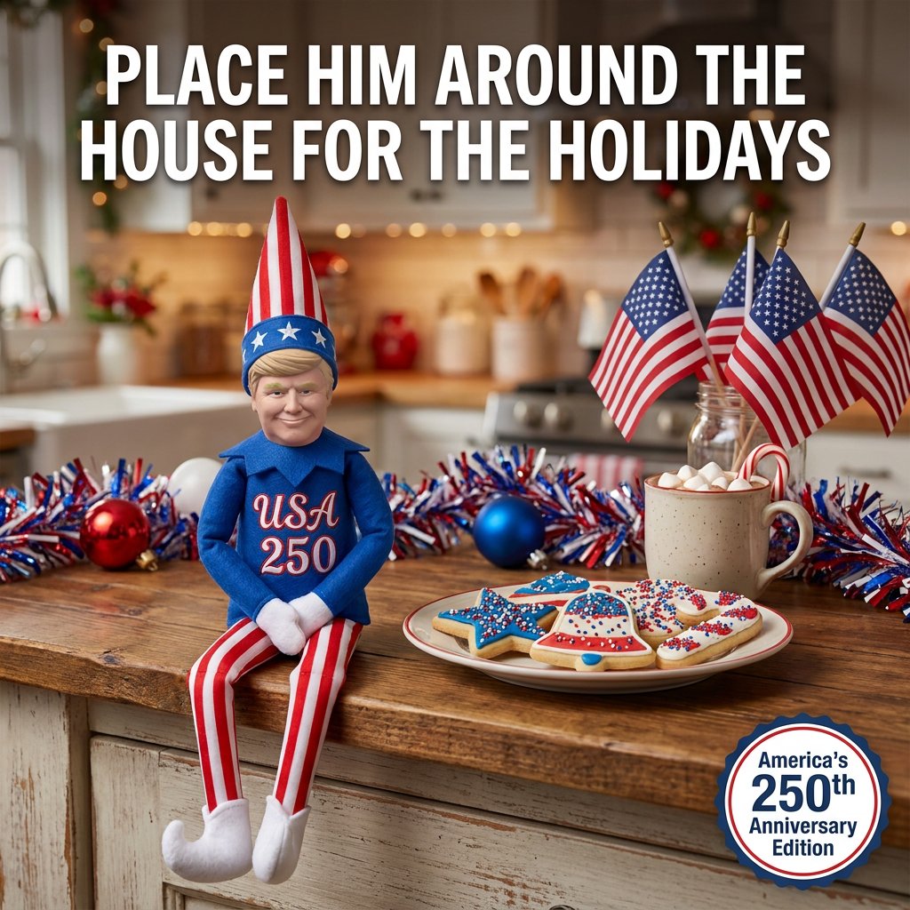 ProudPatriots1's tweet photo. The America's 250th Anniversary Trump Elf! Place him around your house for the holidays. Pre-order now, stock is low!