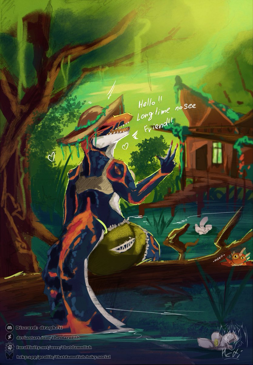 ThatDarnFish's tweet photo. ***Repost***

Welp, I decided to color it, and I love how it came out 
 
Btw this would be how I imagine Tenirra's home to look like, bit "broken", covered in moss and plants that bloom with her colors ^^

#art #sketch #digitalart #scalie #furry #alligator https://t.co/J8dE9oksnG