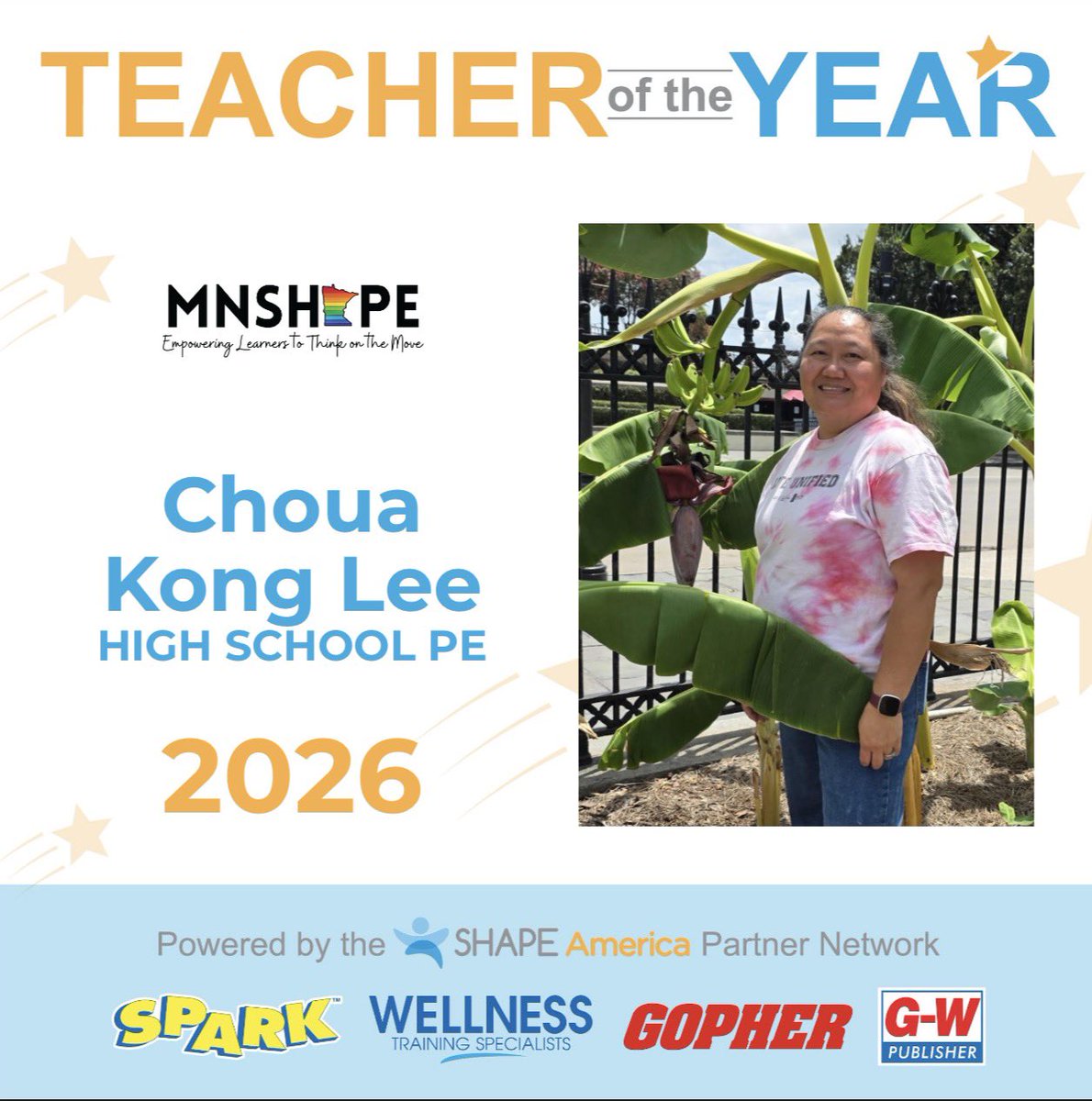 MNSHAPE's tweet photo. TOY announcement Tuesday! 

Congratulations to Choua Kong-Lee from Johnson Senior High School in St. Paul for being recognized as our 2026 High School Physical Education Teacher of the Year! 

Choua, and all of our 2026 awardees, will be officially recognized at #MNSHAPE26 https://t.co/nnj8cBfPUf