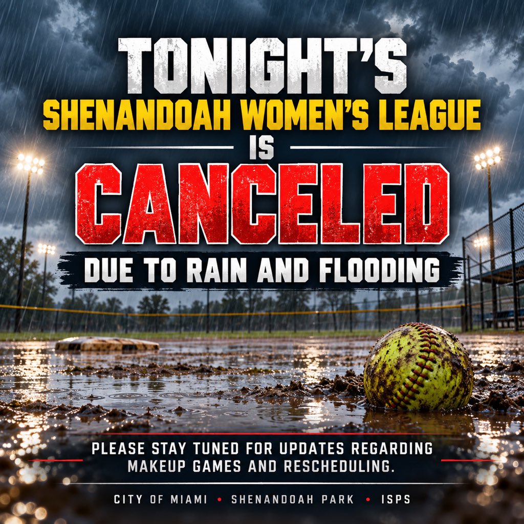 ISPSO's tweet photo. Tonight’s Shenandoah Women’s League games at Shenandoah Park have been CANCELED due to rain, flooding, and unsafe field conditions.

Please stay tuned for updates regarding makeup games and rescheduling.

Thank you for your understanding and please stay safe.

#ISPS #ShenandoahPark #MiamiSlowPitch