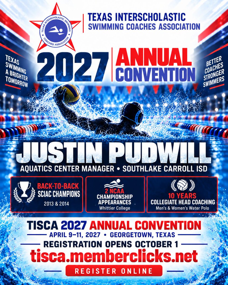 TISCAtx's tweet photo. Meet our 2027 Water Polo Speaker! Registration opens on October 1. #TISCA2027 https://t.co/wNmwKMQibN