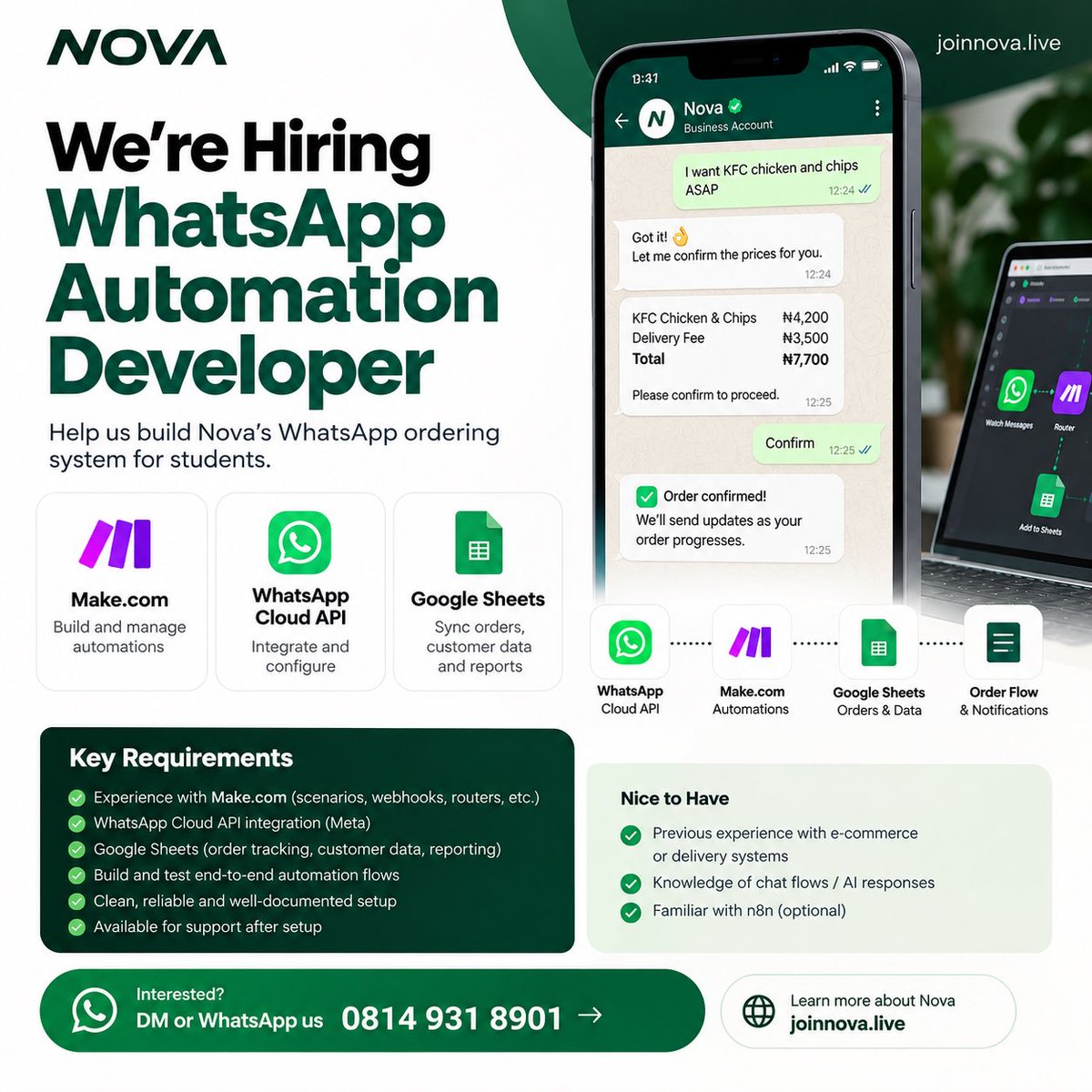 davidcwike's tweet photo. @emmy_dons Hiring a WhatsApp Automation Developer for Nova.

Must know https://t.co/RG1dxNpqb2, WhatsApp Cloud API &amp; Google Sheets. No Twilio.

Send examples, pricing &amp; timeline on WhatsApp: 08149318901

https://t.co/8EeACcRBbM https://t.co/qY5gsM8kYL