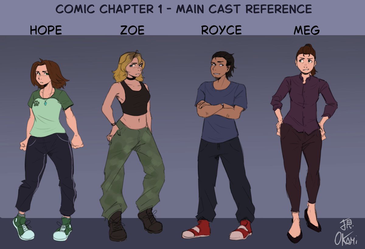 Okami_stuff's tweet photo. Here's the main characters for the first chapter of my comic. Not all of them, just the main ones! 
You can totally tell I'm not used to draw male characters lol
(These designs are subject to change during the making of the comic). https://t.co/bNSkDjT8j1