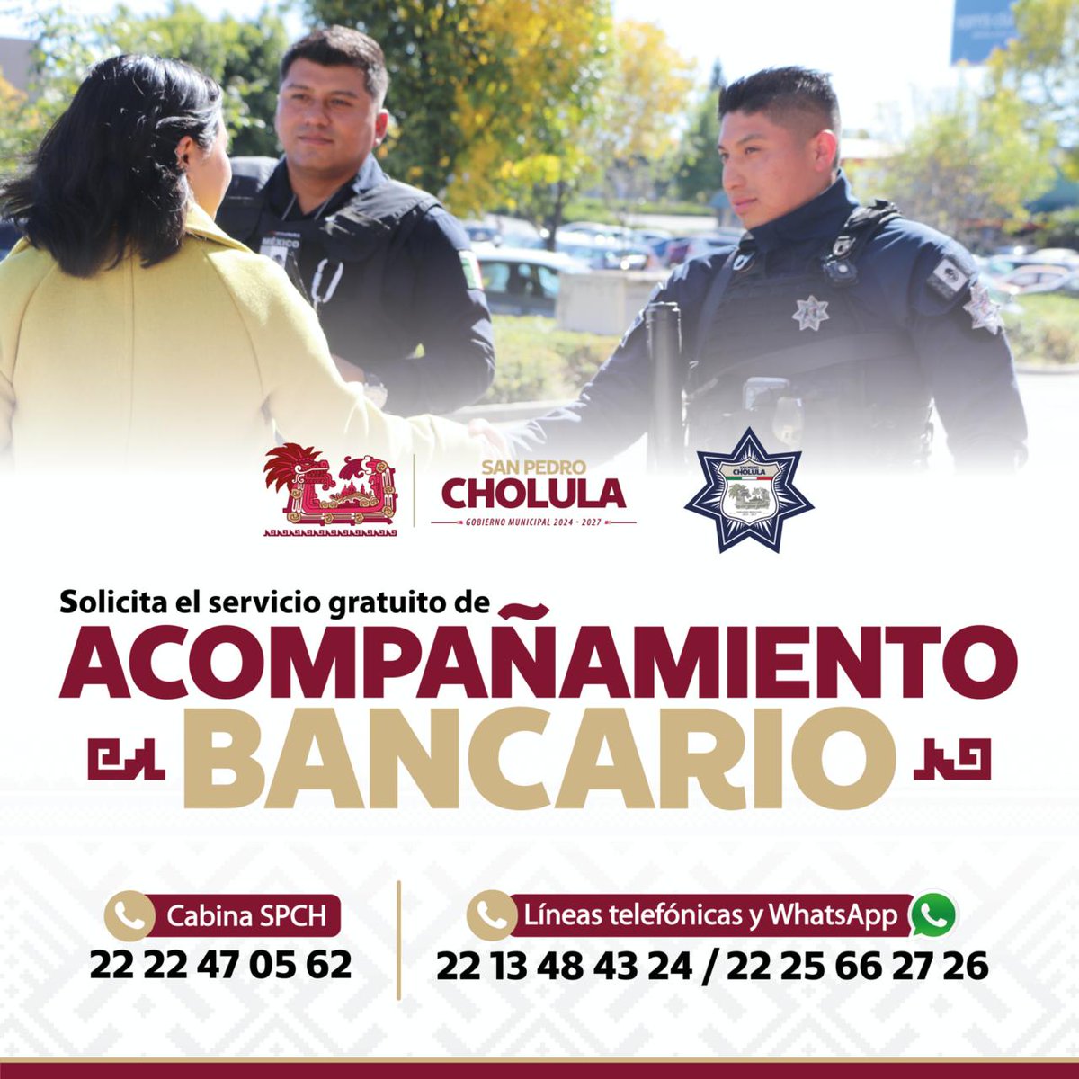 SSC_Cholula's tweet photo. 💰 Si vas a realizar un retiro o depósito bancario, tu seguridad es lo más importante

En la SSC Cholula te brindamos el servicio gratuito de Acompañamiento Bancario

📞Solicítalo de forma fácil y rápida:
🚨Cabina: 222 247 0562
📱 WhatsApp o llamada: 221 348 4324 y 222 566 2726 https://t.co/R7zvpdUA2i
