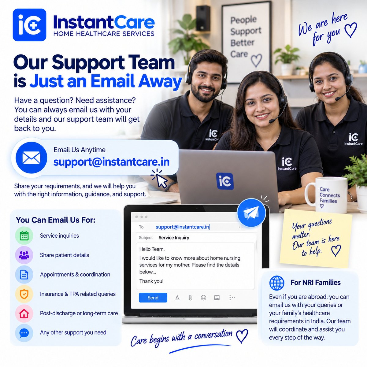 JoeKatzen2mkb's tweet photo. Our support team is always available. Have questions about healthcare for yourself, your parents, or a loved one? Email us anytime with your requirements, patient details, or service-related questions. We can help with
Service inquiries
Patient and https://t.co/eAb60zEC6x