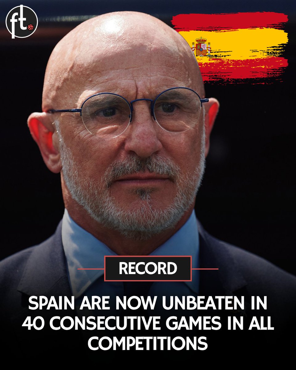 Footballtweet's tweet photo. 🚨🇪🇸 𝗥𝗘𝗖𝗢𝗥𝗗: Spain are now unbeaten in 40 consecutive games in all competitions - extending their record.

🏆🏆 In that run, they've won EURO 2024 and World Cup 2026. https://t.co/xnSJVfozOT