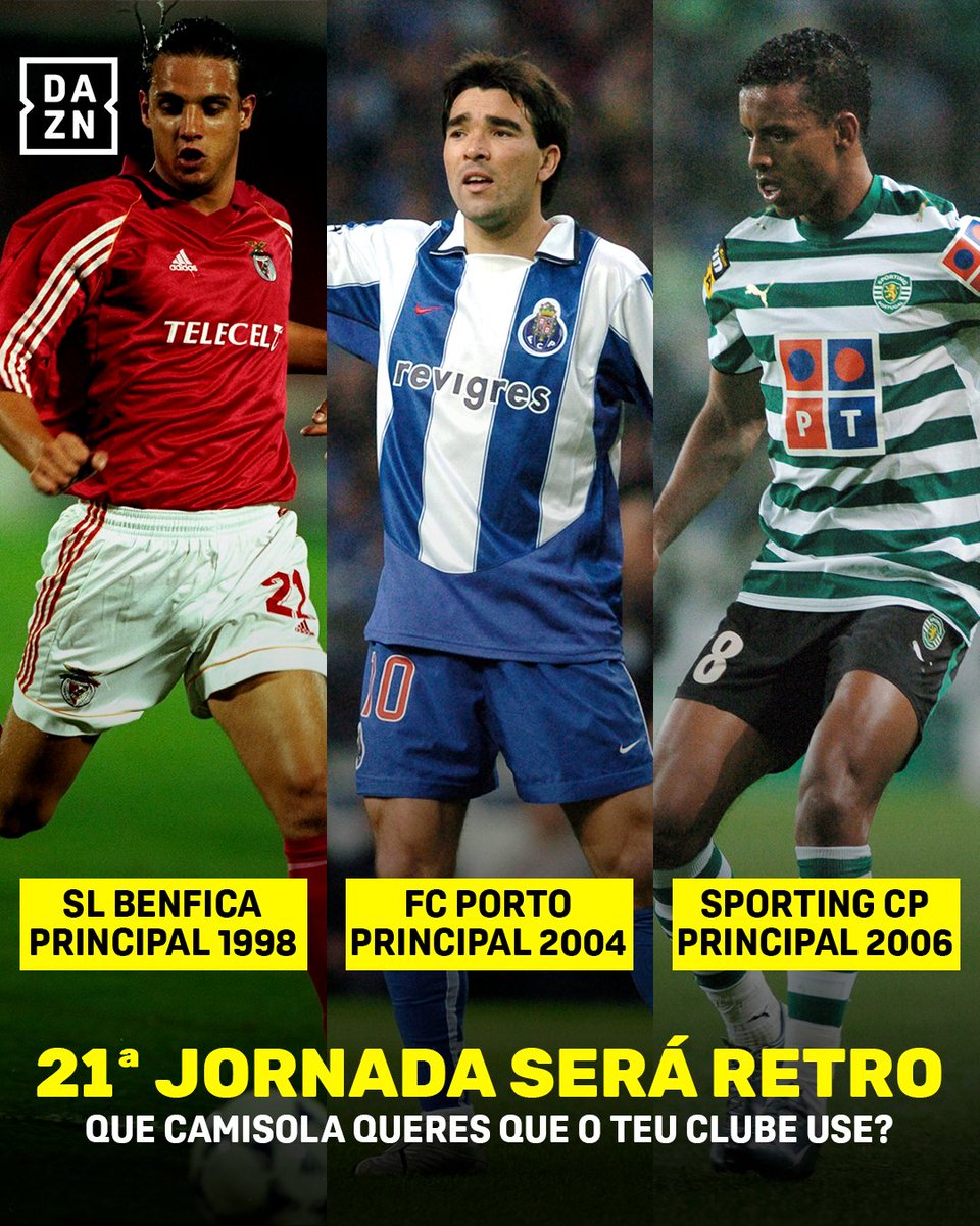 DAZNPortugal's tweet photo. A Liga Portugal definiu que a Jornada 21 vai ser a Jornada Retro 👕
Que camisola queres que o teu clube use?

#DAZNLigaPortugal https://t.co/tdprpNVtV0