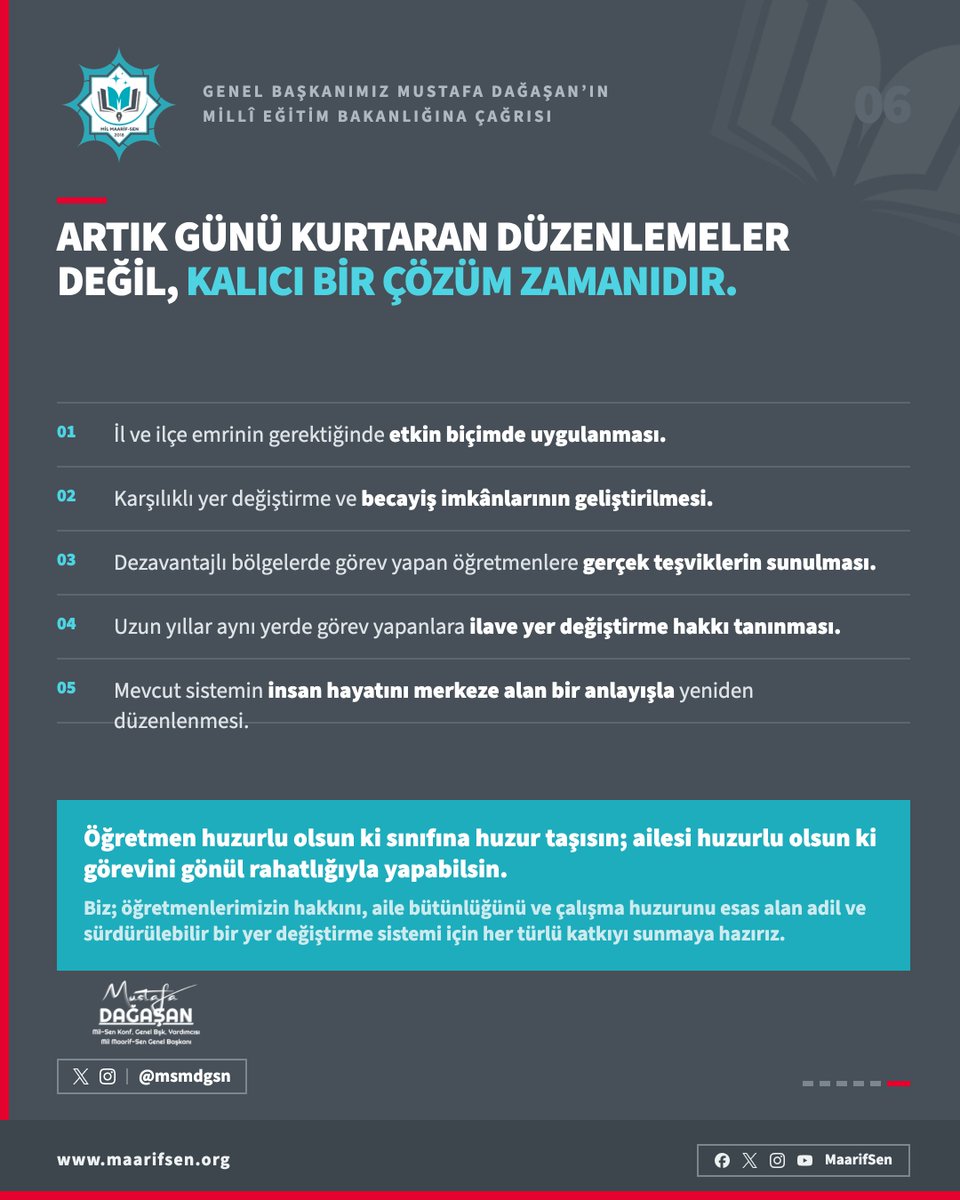 msmdgsn's tweet photo. MAZERET VARSA, ÇÖZÜM DE OLMALI!

Mazerete bağlı yer değişikliği sürecinde istediği yere atanamayan öğretmenlerimizin il emri talebi devam ediyor.

Eşinden, çocuğundan ve ailesinden ayrı kalan; sağlık mazereti bulunduğu hâlde kontenjan yetersizliği nedeniyle yer değiştiremeyen öğretmenlerimiz belirsizliğin sona ermesini ve Bakanlığımızdan somut bir çözüm bekliyor.

Aile bütünlüğü ve sağlık mazereti yalnızca kontenjan hesabıyla değerlendirilemez.

Mazereti kabul edildiği hâlde atanamayan öğretmenlerimiz için il emri, ihtiyaç bulunan yerlerde ise ilçe emri dâhil bütün çözüm yolları değerlendirilmelidir.

Ancak mesele yalnızca bu atama döneminden ibaret değildir.

Yıllardır aynı ilde, ilçede veya bölgede adeta “çakılı kadro” hâline gelen; aile birliği mazereti bulunmadığı için yer değiştirme imkânları son derece sınırlı kalan öğretmenlerimizin de önünü açacak kalıcı bir sisteme ihtiyaç vardır.

Bu nedenle MEB’den beklentimiz; bir mağduriyeti giderirken başka bir mağduriyet oluşturmayan, il ve ilçe emrini, becayiş imkânlarının geliştirilmesini ve dezavantajlı bölgelerde gerçek teşvikleri birlikte ele alan kapsamlı bir yer değiştirme reformudur.

Öğretmeni yalnızca norm kadro ve kontenjan rakamından ibaret göremeyiz. Her kadronun arkasında bir insan, bir aile ve kurulmuş bir hayat vardır.

Sayın Bakan @Yusuf__Tekin; Öğretmenlerimizin sesine kulak verin. İl emri bekleyen aileleri kavuşturacak adımı atın. Bugünü kurtaran geçici çözümler değil, öğretmenin hayatını ve aile bütünlüğünü gözeten adil, öngörülebilir ve sürdürülebilir bir yer değiştirme sistemi oluşturalım.

#MustafaDağaşan #MaarifSen #MilSen
#İlEmri #MazeretTayini #AileBirliği #ProtokoleVARöğretmeneYOK

https://t.co/6dJ5ZJEdJA