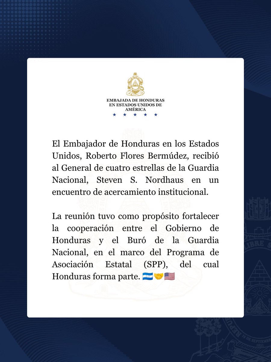 HondurasEmbUSA's tweet photo. Fortalecimiento de vínculos entre Honduras y el Buró de la Guardia Nacional de los Estados Unidos de América 🇭🇳🤝🇺🇸 https://t.co/hfkWH2Mnx8