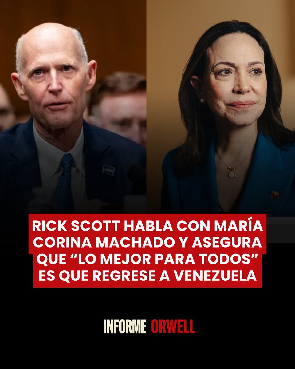 InformeOrwell's tweet photo. 🚨🇺🇸🇻🇪 | Rick Scott informó que conversó este martes con María Corina Machado y aseguró que está preparada para regresar a Venezuela “pacífica y constructivamente”.

Según Scott, Machado está dispuesta a sentarse con quienes actualmente ejercen el poder, incluida Delcy Rodríguez, y con actores del sector público y privado para avanzar hacia elecciones y una transición democrática.

“Lo mejor para todos en este momento es que María Corina Machado esté en Venezuela”, afirmó el senador, quien también agradeció a Donald Trump y Marco Rubio por sus gestiones sobre el país.