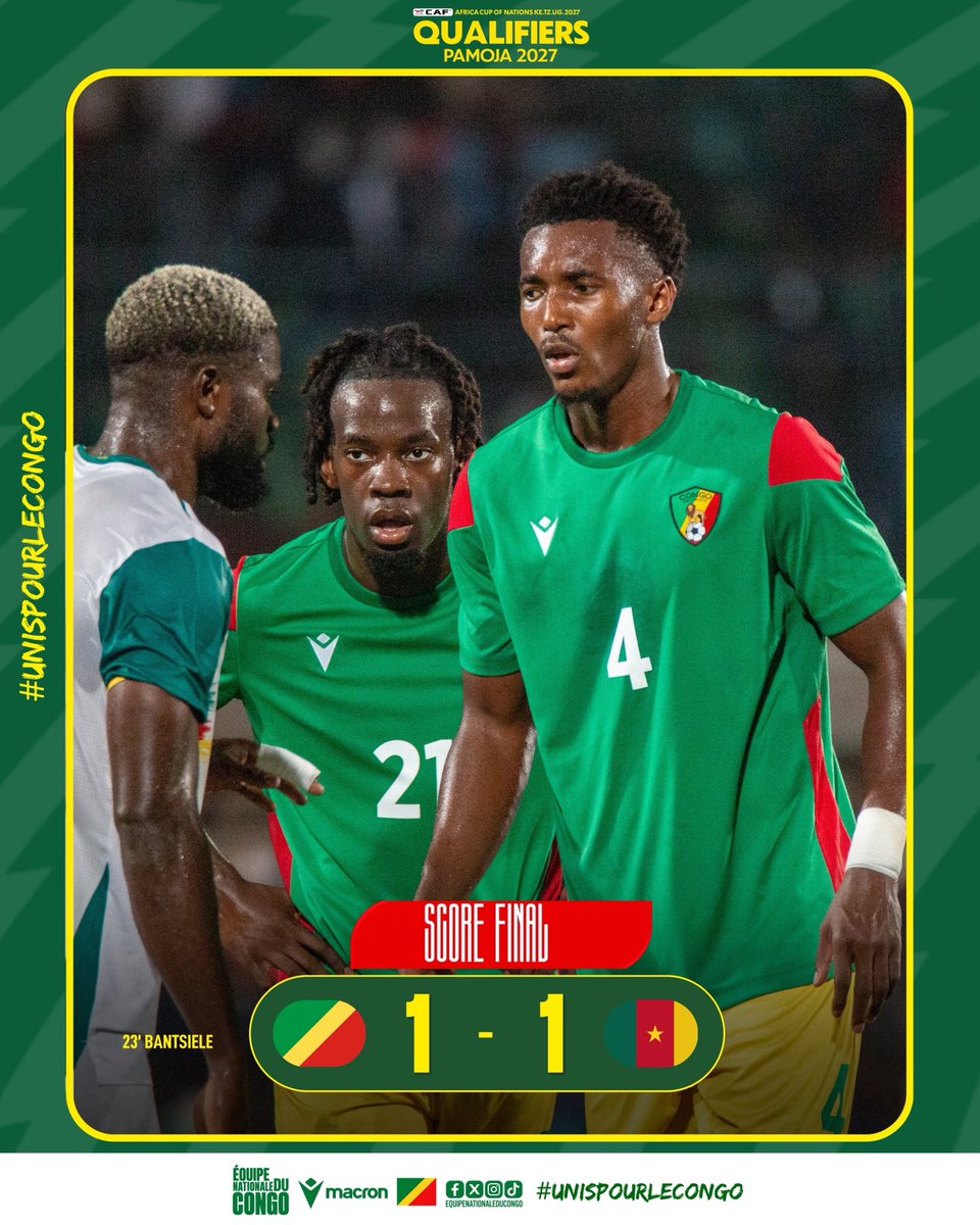 EquipeCongo's tweet photo. 🔴 FIN DU MATCH

🇨🇬 UN POINT AU TERME D’UN MATCH ENGAGÉ

Les Diables Rouges et le Cameroun se quittent sur un match nul au terme d’une rencontre disputée.

🇨🇬 Congo 1-1 Cameroun 🇨🇲

Merci à tous les supporters pour leur soutien et leur mobilisation. Le groupe reste concentré et mobilisé pour la suite de la campagne.

Continuons ensemble. 🇨🇬

🇨🇬 #UnisPourLeCongo #EquipeNationaleCG