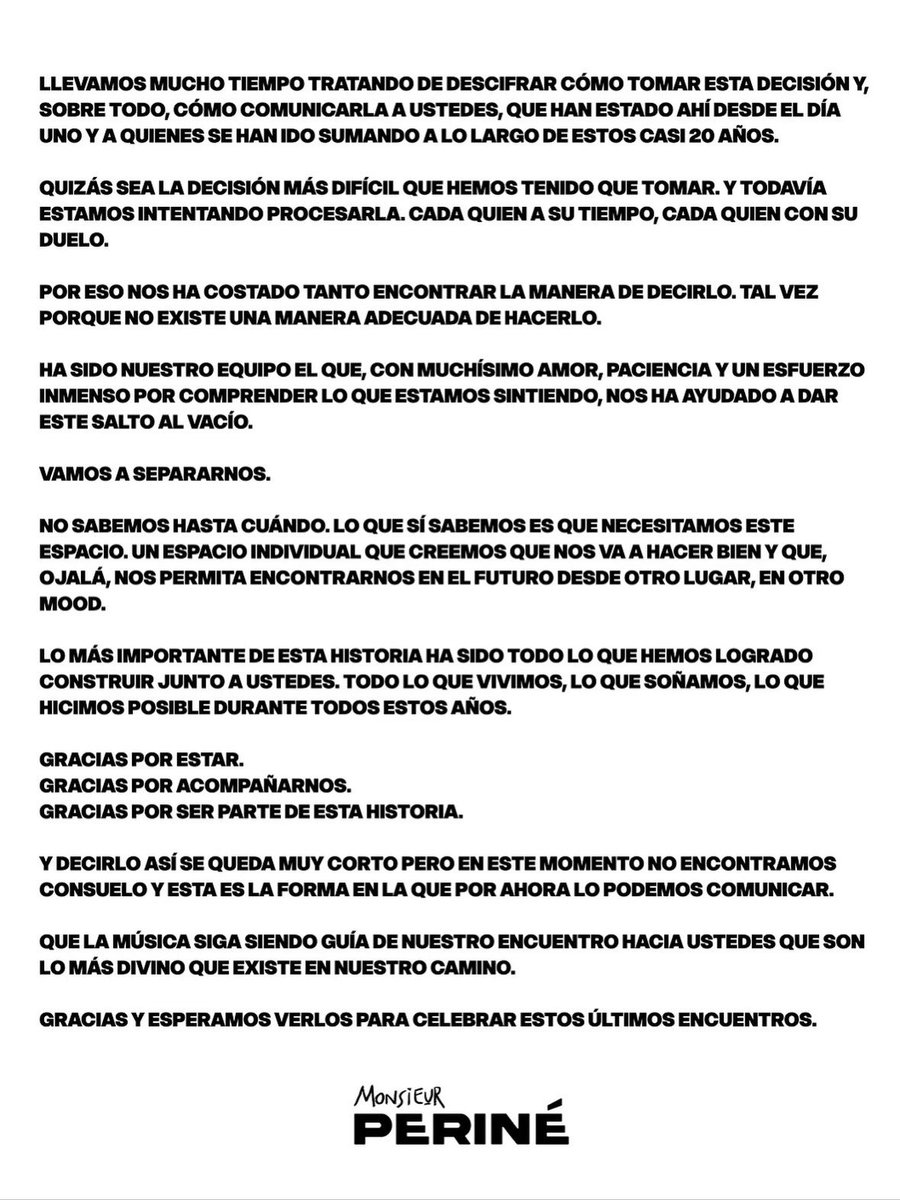 musictrendscol's tweet photo. Después de más de una década de música, Monsieur Periné anunció a través de sus redes sociales su separación. 💔 https://t.co/Jmz1oQlhDB