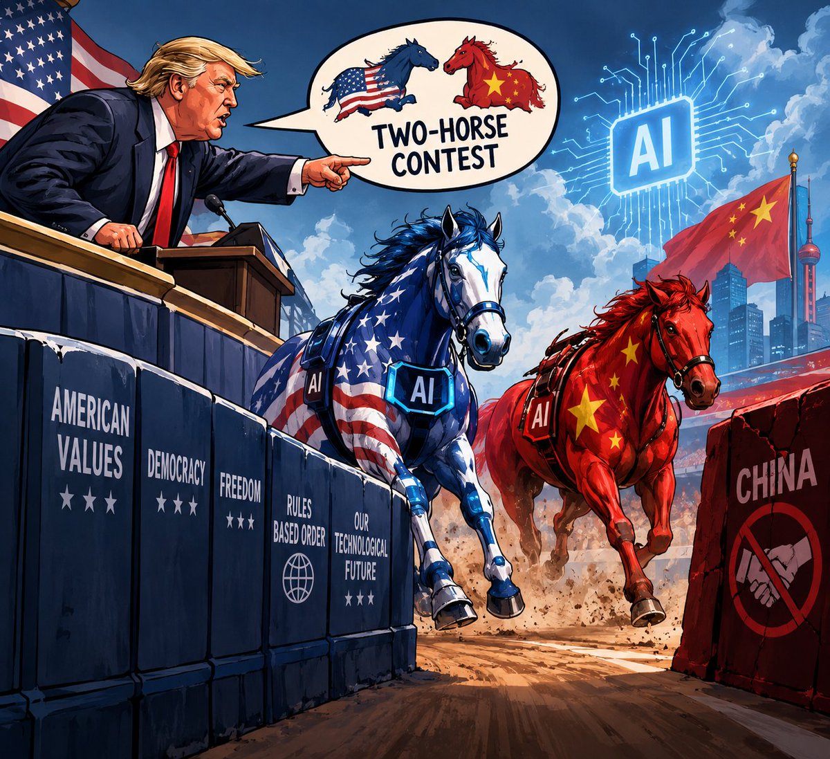 MohammadSakitkd's tweet photo. #Trump isn't just talking about a material tech rivalry. He's using discourse to reconstruct China as America's "Other." By calling the AI race a "two horse contest" and rejecting shared norms with Beijing, he's turning a technological rivalry into a deeper ideational clash. https://t.co/pLFMrhTEWO