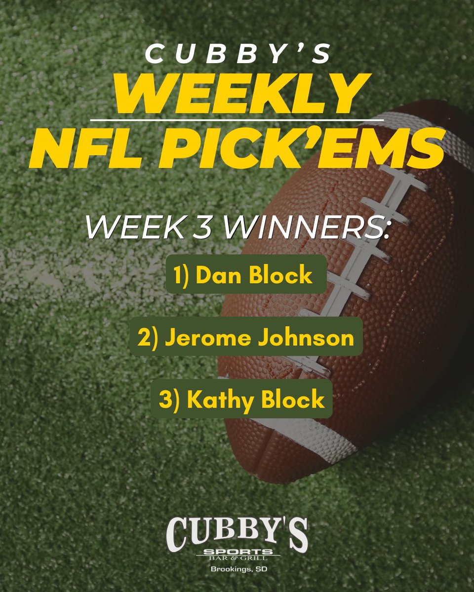 CubbysBrookings's tweet photo. Week 3 was not making it easy. 😂
These guys figured it out. Congrats to our Pick’ems winners! 🏈 https://t.co/LHmfXOdnqO