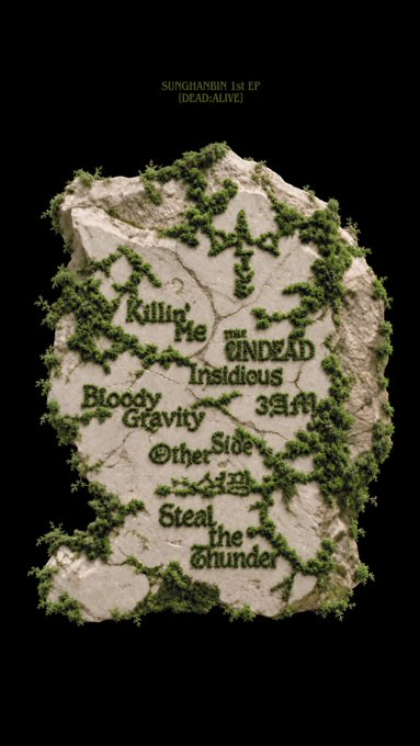 Album artwork for 'SUNG HANBIN 1st EP [DEAD : ALIVE]' featuring moss-covered stone with text reading 'Killing Me', 'That UNDEAD', 'Insidious', 'Bloody Gravity', '3시 41분', 'Other Side', 'STEAL the Thunder'.
