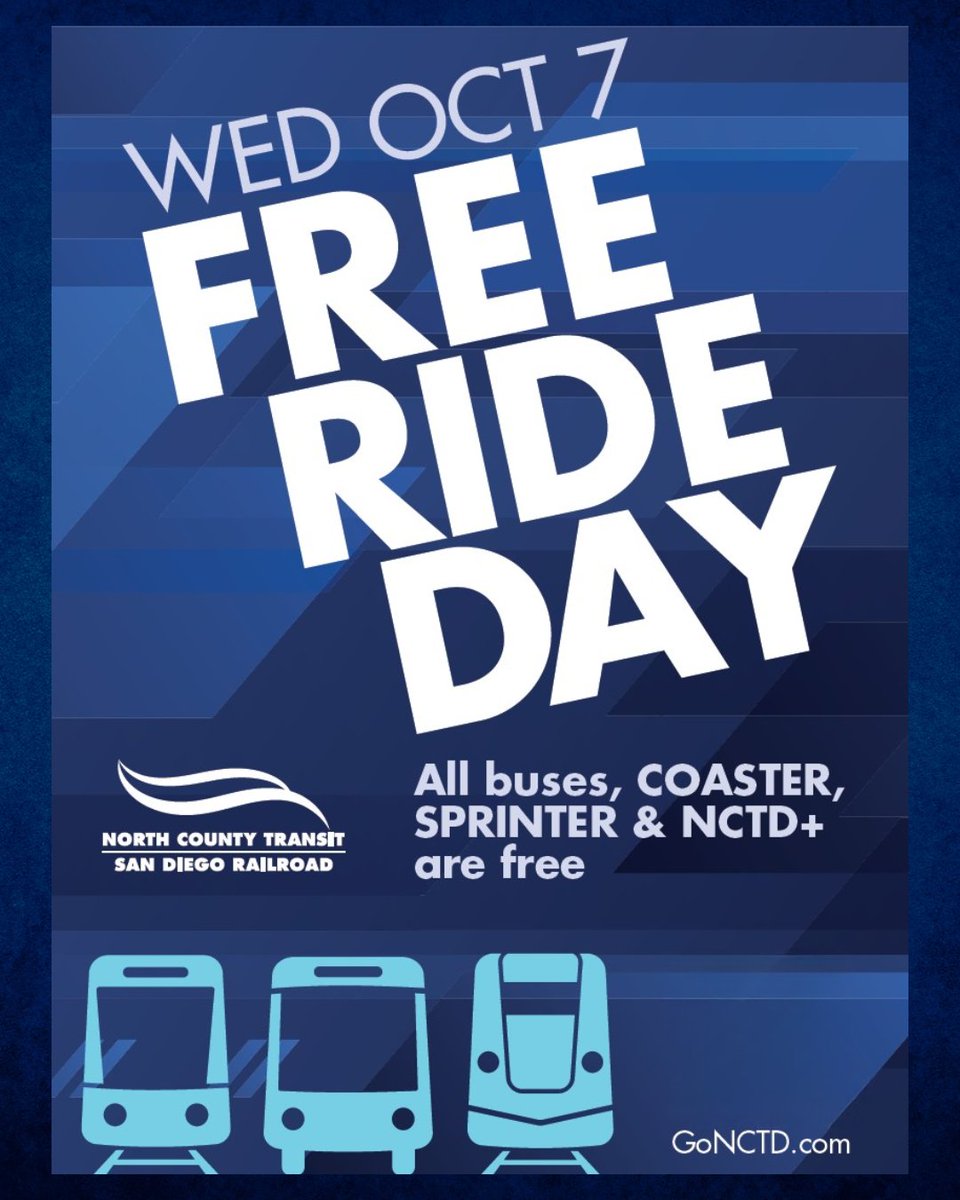 GoNCTD's tweet photo. Save the date! 📆
Celebrate California's Clean Air Dayon Wednesday, October 7 by riding FREE all day on COASTER, SPRINTER, BREEZE and NCTD+. 🤩
Let's take steps to reduce emissions and improve air quality!

#GoNCTD #FreeRideDay https://t.co/OlDjFMnb5Y
