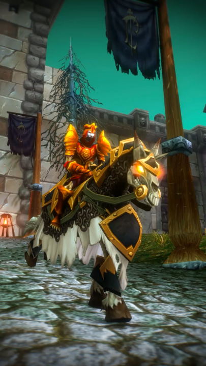 A World of Warcraft player rides a skeletal Forsaken Charger mount, rendered in the classic SD (Standard Definition) graphical style, through what appears to be a darkened city with Forsaken banners hanging from wooden posts. The image directly supports the post's complaint, as it showcases the older, lower-resolution character and mount models still used in the game alongside newer HD assets, illustrating the inconsistent visual direction the commenter finds frustrating.