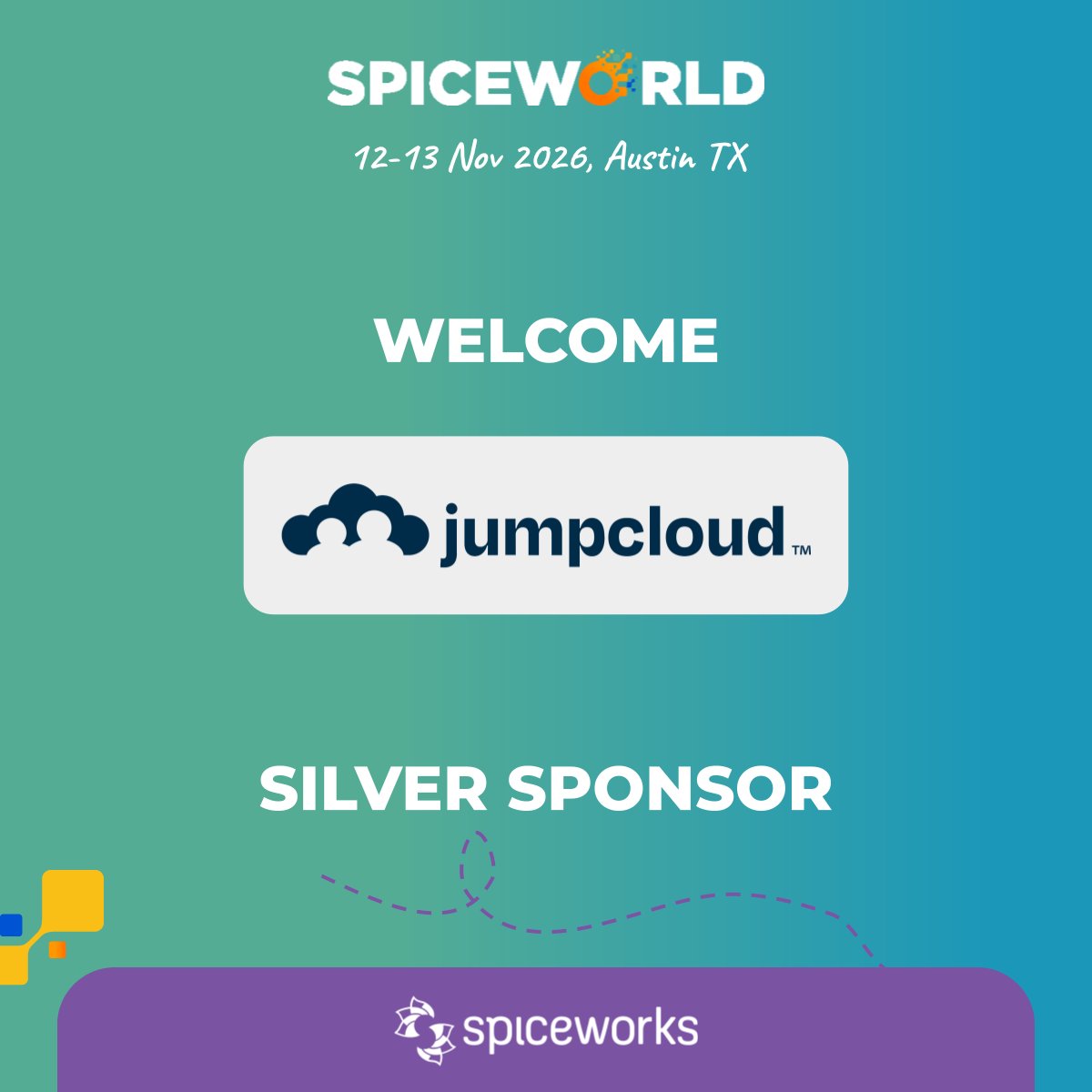 Spiceworks's tweet photo. Excited to welcome @JumpCloud as a Silver Sponsor for #SpiceWorld2026 Join us in Austin, TX, Nov 12–13 to connect with the team and elevate your identity and device management game. Grab your spot today! 

https://t.co/YWIJp7Dn6e

#SpiceWorld #JumpCloud #ITCommunity #Spiceworks https://t.co/uckczty6LX
