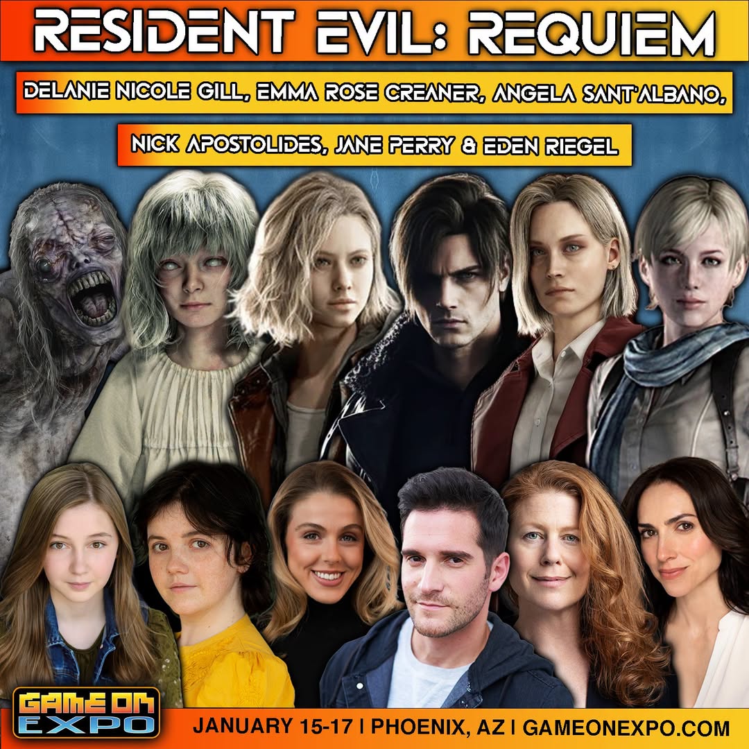 GameOnExpo's tweet photo. RESIDENT EVIL: REQUIEM IS COMING TO GAME ON EXPO 2027!
Raccoon City is heading to Phoenix with an incredible lineup of guests from Resident Evil: Requiem!
Joining us:
Nick Apostolides
Angela Sant'Albano
Emma Rose Creaner
Delanie Nicole Gill
Jane Perry
Eden Riegel
Meet the cast, hear behind-the-scenes stories from the newest chapter in the legendary survival-horror franchise, and celebrate Resident Evil with fellow fans throughout the weekend!
Passes are on sale now: https://t.co/NDJ7FBajjM
Staying for the weekend? Make it a Stay & Play! Book through one of our official hotel partners and unlock exclusive perks, including a FREE extra Full Event Pass when you purchase one Full Event Pass and book at least two nights.
Every room booked through our official hotel blocks directly helps Game On Expo secure future dates, negotiate better rates and continue growing the show.
January 15 to 17, 2027
Phoenix Convention Center
Which Resident Evil: Requiem guest are you most excited to meet?