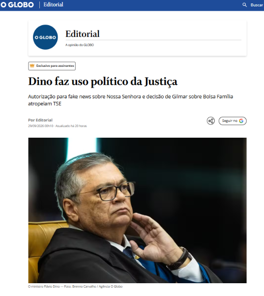 david_agape_'s tweet photo. Editoriais de 4 dos maiores jornais do Brasil acusam Flávio Dino de fazer uso político da Justiça. Três escancaram a intenção: eleger Lula.  

Estadão: Dino atua para reeleger Lula
https://t.co/p8lMIb8pfq

O Globo: Dino faz uso político da Justiça
https://t.co/0sFwCdX1Pv

Gazeta do Povo: Para ajudar Lula, Dino age como juiz político e valida “fake news”
https://t.co/0D1PsAOf0q

Folha de S. Paulo: Flávio Dino abusa da toga para reeleger Lula
https://t.co/c1hVT8d3uY