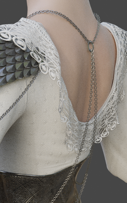 A close-up of a person's back wearing a delicate white lace and chain necklace against a dark background.