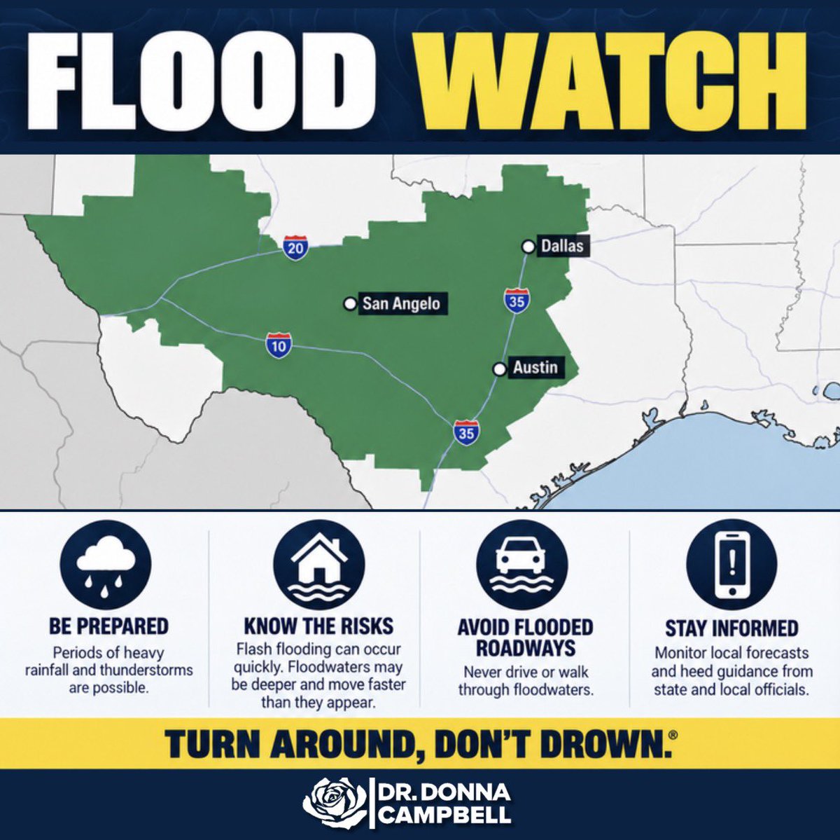 DonnaCampbellTX's tweet photo. A Flood Watch is in effect across portions of Texas, with heavy rainfall and flash flooding possible. Please stay weather aware, monitor local forecasts, and use extra caution when traveling. Never drive or walk through flooded roadways. Turn Around, Don’t Drown. For current road conditions and flood preparedness resources, visit:
https://t.co/jClovSUP6X | https://t.co/O0jUm602FU | https://t.co/QZ1hy3BDCJ