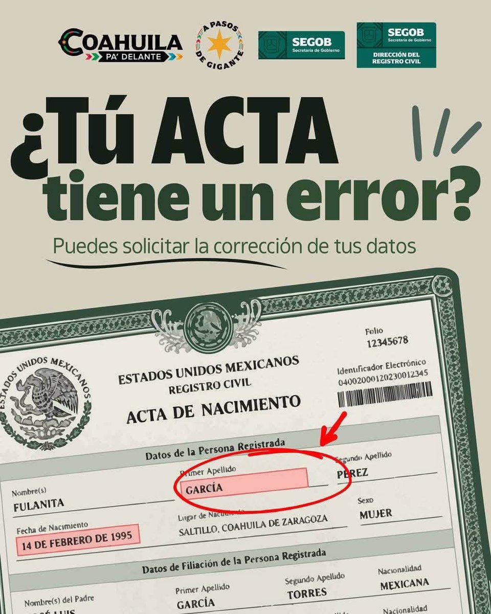 pnortemx's tweet photo. REGISTRO CIVIL DE COAHUILA ORIENTA SOBRE CORRECCIONES EN ACTAS; TRÁMITE PUEDE CONSULTARSE EN LÍNEA

Coahuila.– La Dirección del Registro Civil de Coahuila informó que las personas que necesiten realizar alguna corrección en sus actas pueden solicitar información y orientación sobre el procedimiento y los requisitos correspondientes.

Para recibir atención, se encuentra disponible el número de WhatsApp 844 105 3198, donde los ciudadanos pueden consultar dudas relacionadas con este trámite.

Asimismo, los requisitos y la información para iniciar el procedimiento pueden consultarse a través del Sistema Integral del Registro Civil del Gobierno de Coahuila.

La dependencia recomendó revisar previamente la documentación necesaria para facilitar el proceso y evitar contratiempos.

Fuente: Dirección del Registro Civil de Coahuila

Punto Norte MX
Primero confirmar. Después informar.