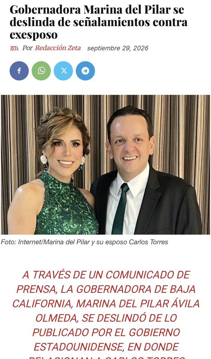 jorgegogdl's tweet photo. Marina del Pilar dice que ya se separó de su “ex esposo” Carlos Torres, tras acusaciones de USA contra Torres de ser operador del Cartel de Sinaloa.

Pero véanlos en esta foto publicada por Brujula News en Mayo 2026, vacacionando en familia.

Mentiras el musical… https://t.co/wyH3Uu0gNi