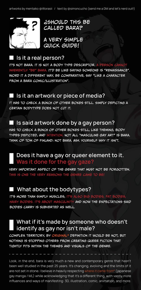 SimonCucho's tweet photo. Hey! Very quick guide to get everyone thinking about Bara as a genre because it's needed.

I’m a graphic designer. Got my professional degree by publishing a thesis regarding the bara genre: I’ve done extensive research regarding the subject, it’s origins and how it's understood. https://t.co/ALDPsuvmGw