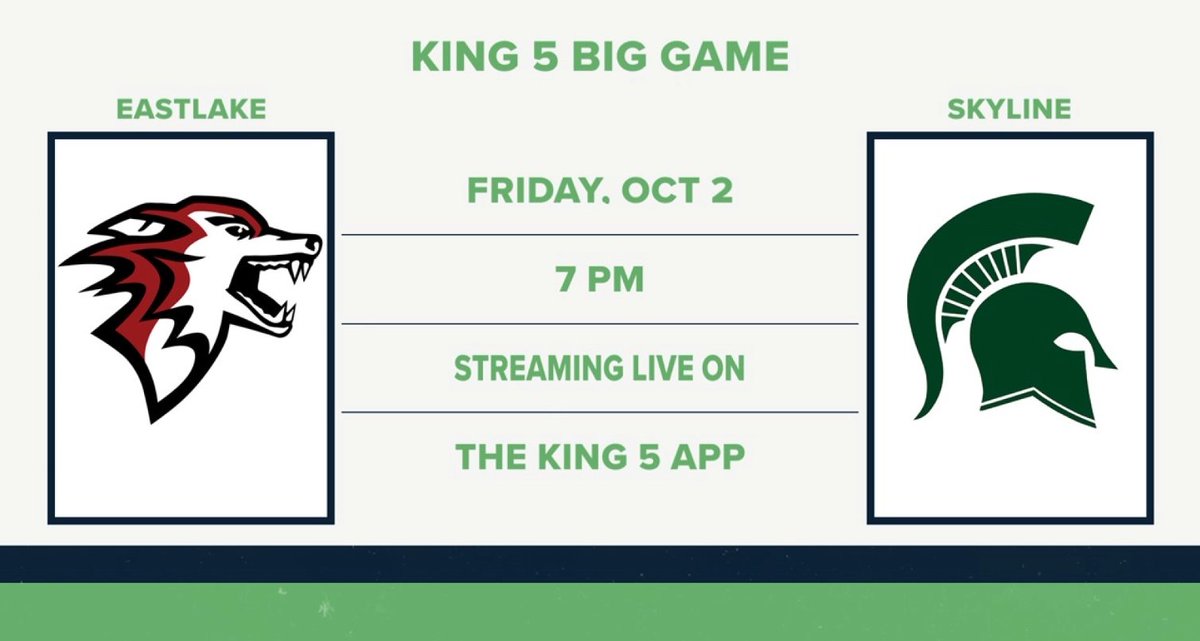 KING5Sports's tweet photo. KING 5 Sports is headed to Sammamish!

The KING 5 Big Game of the Week will take place LIVE at Skyline High School with the 4-0 Spartans hosting the 2-2 Eastlake Wolves.

The game will stream at 7 p.m. with @ChrisEgan5 and @DustyBakerTV on the call. #BigGame #hsfootball #wahsfb https://t.co/Wjl7Jp3GRt