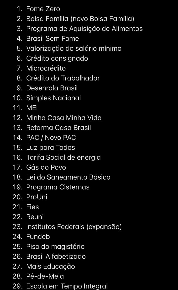bigodeus's tweet photo. programas sociais desenvolvidos pelo governo lula em todos os seus mandatos.

tem mais ainda, hein?

será que um dos maiores políticos da história não tem argumentos pra ter construído uma base sólida? ou vamos fingir que não existe razão pra ser o fenômeno político que é? https://t.co/QTh4diEa4e