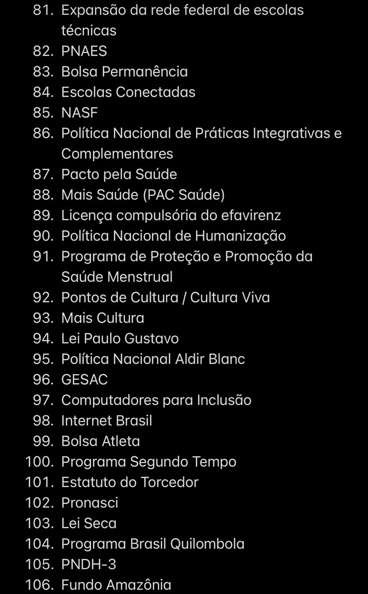 bigodeus's tweet photo. programas sociais desenvolvidos pelo governo lula em todos os seus mandatos.

tem mais ainda, hein?

será que um dos maiores políticos da história não tem argumentos pra ter construído uma base sólida? ou vamos fingir que não existe razão pra ser o fenômeno político que é? https://t.co/QTh4diEa4e