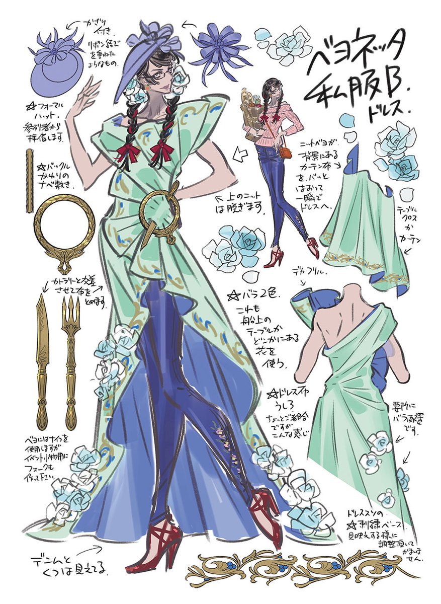 creativeuncut's tweet photo. Bayonetta dress and casual outfits from Bayonetta 3 by artist Mari Shimazaki. 

More art from the game: https://t.co/GmS5r1FbZn https://t.co/G5jjY0UNag
