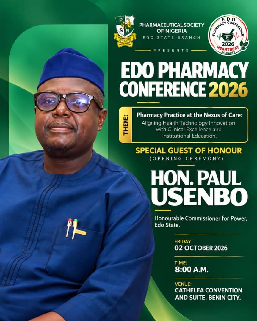 state94930's tweet photo. ⚡ POWERING PROGRESS BEYOND THE GRID!

Hon. Paul Usenbo, Commissioner for Power, Edo State, will attend the Edo Pharmacy Conference 2026 as Special Guest of Honour at the Opening Ceremony.

📅 Oct. 2, 2026 | ⏰ 8AM
📍 Cathelea Convention &amp; Suites, Benin City https://t.co/ezR8QbP6ri