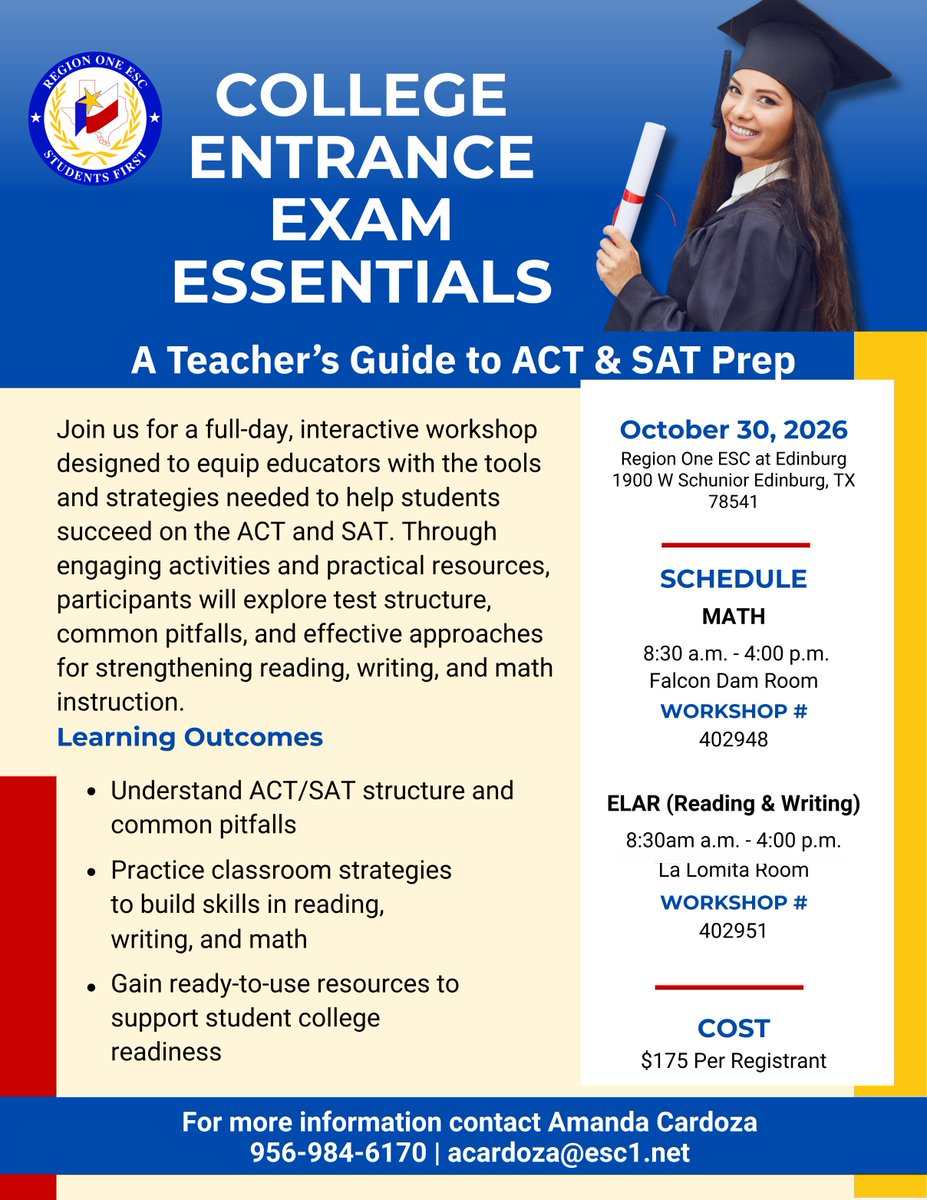 RegionOneESC's tweet photo. Prepare students for college entrance exams! Our workshops give educators practical strategies and ready-to-use resources to support student college readiness. Choose a session focused on Math or ELAR (Reading &amp; Writing).

Sign Up: https://t.co/pQ33oI60F6 https://t.co/7vXY3df1Ja