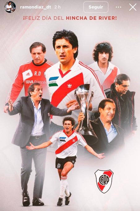 An Instagram story screenshot from 'ramondiaz_dt' with the text '¡FELIZ DÍA DEL HINCHA DE RIVER!' featuring a collage of legendary River Plate football figures and the club's red and white CARP crest.