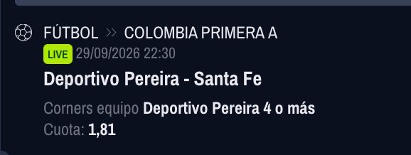 pickscardscorne's tweet photo. Pronóstico LIVE 🇨🇴 ⚽️🔔⏰🛎️👇

Deportivo Pereira - Santa Fe

Deportivo Pereira 4 Corners o mas
 ( + 3.5 Corners )

@ 1.81

Stake 4.5/10 https://t.co/1942r6uG51