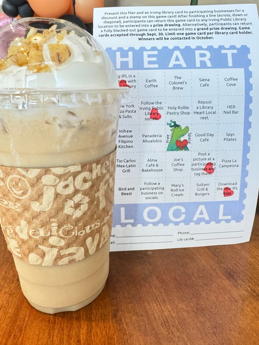 irvinglibrary's tweet photo. It’s National Coffee Day and one of the last days to collect stamps for Library Heart Local! 

If you need a couple stamps stop by one of our “quad shots”:
@almacafebakehouse 
@theearthcoffee 
@thecolonelsbrew 
@coffeecovedallas https://t.co/c3R5D7HSDy