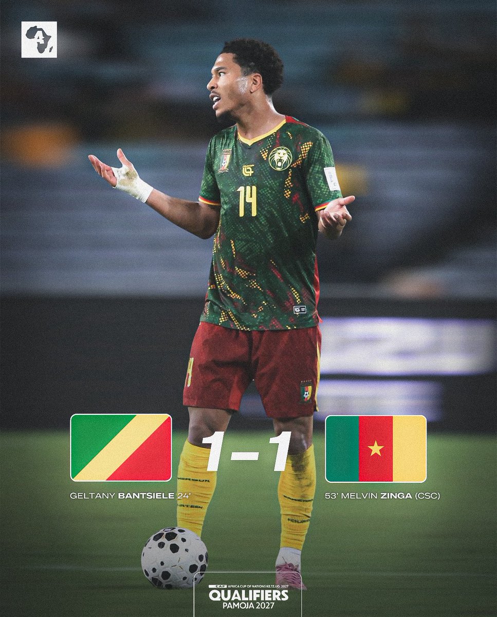ActuFootAfrique's tweet photo. 🚨 Le Cameroun 🇨🇲 𝑩𝑳𝑶𝑸𝑼𝑬 au Congo 🇨🇬 (1-1). 🌍😐 https://t.co/DsQ4ujbh2p