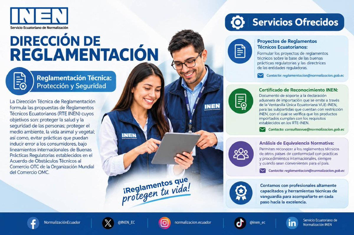 INEN_EC's tweet photo. 🛡️ ¡La calidad también se protege desde la Reglamentación!
Conoce y accede a los servicios del #INEN e ingresa al mundo de la calidad.
Conoce más en: https://t.co/KDEedBTndA https://t.co/3sLUXj5A1h