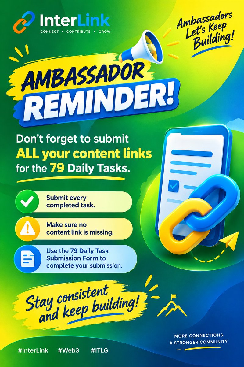 bmbtiger's tweet photo. AMBASSADOR REMINDER!

Don’t forget to submit ALL your content links for the 79 Daily Tasks. 🔗

✅ Submit every completed task
⚠️ Make sure no content link is missing
📌 Use the 79 Daily Task Submission Form to complete your submission.

#InterLink #ITLG #ITL https://t.co/m1SF51UiEw
