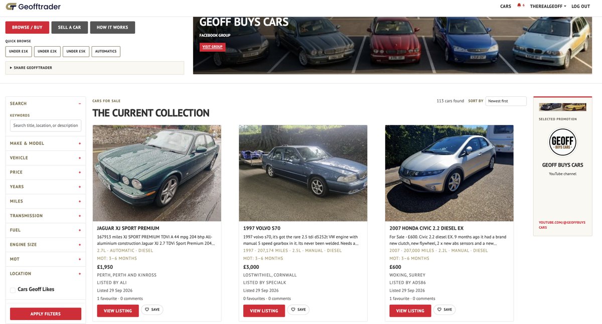 GeoffBuysCars's tweet photo. Did I mentioned I got sick of AutoTrader costing a fortune so launched my own? 113 cars for sale, all less than £10k. It's free to list one car and it's £25 for dealers. https://t.co/omxld7DbpS https://t.co/2OW9qJabql